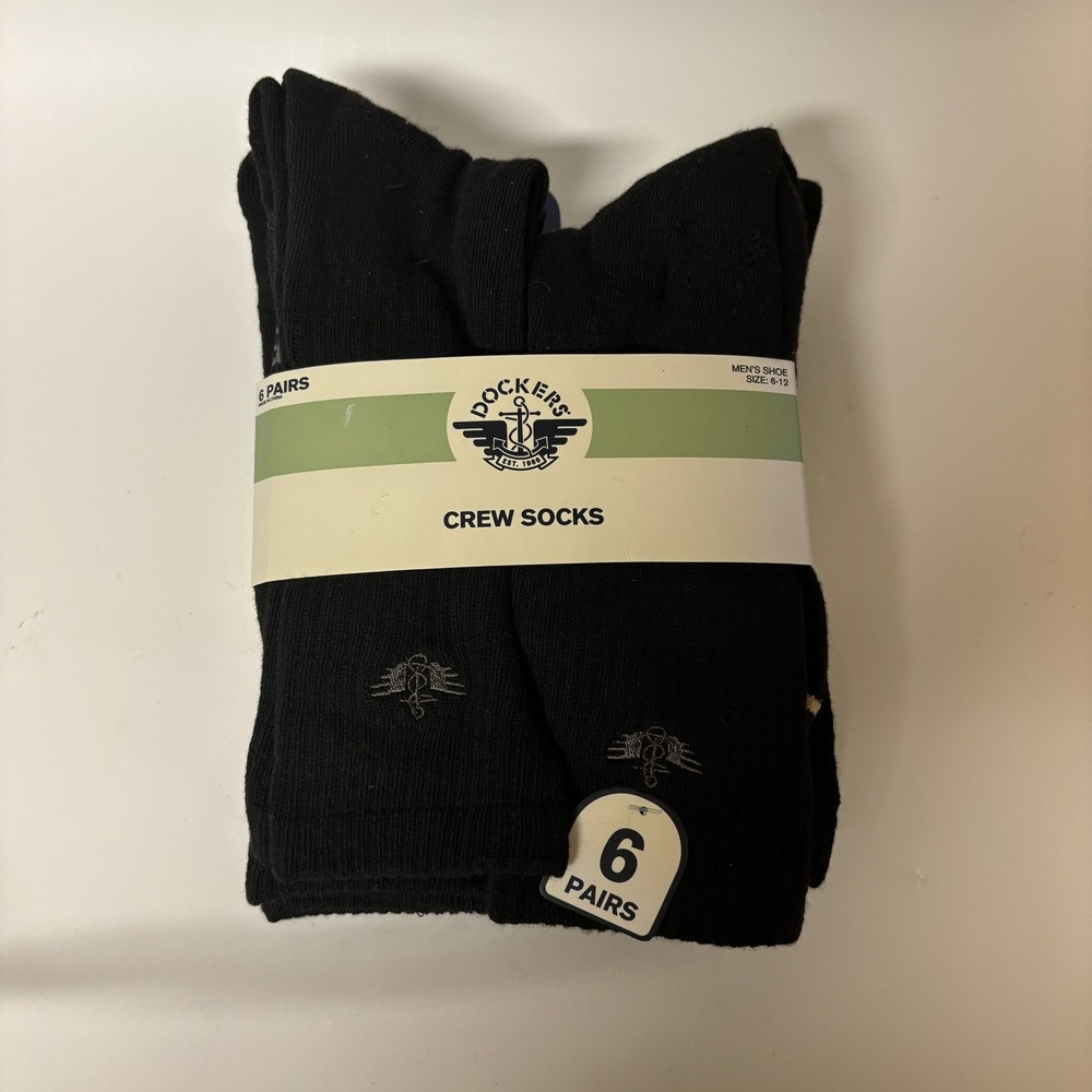 Dockers Mens 6 Pair Crew Socks Black Shoe Size 6-12 Ribbed Logo New